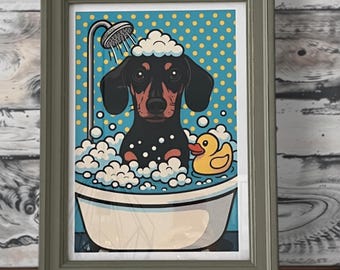Stampa artistica da bagno con bassotto: divertente decorazione da bagno in stile pop art con cane