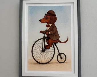Victorian Dachshund Art Print: Sausage Dog on Penny Farthing Bicycle