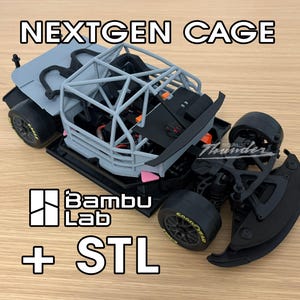 May include: A gray and black NextGen Cage model car with a roll cage, black wheels, and the text "NEXTGEN CAGE" and "Bambu Lab + STL". The model is on a light brown surface.