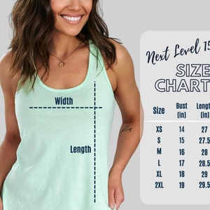May include: Size chart for a tank top with measurements in inches. The chart shows bust and length measurements for sizes XS, S, M, L, XL, and 2XL.