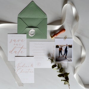 Muster-Set "Nicolette" | Einladungskarte, Klappkarte, Greenery, Eukalyptus, Apricot, Naturpapier, Siegel, minimalistisch, schlicht