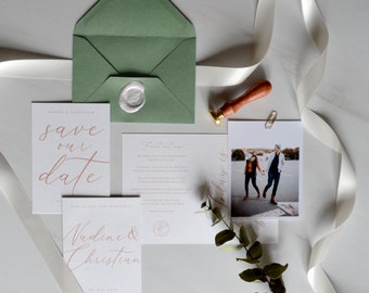 Muster-Set "Nicolette" | Einladungskarte, Klappkarte, Greenery, Eukalyptus, Apricot, Naturpapier, Siegel, minimalistisch, schlicht