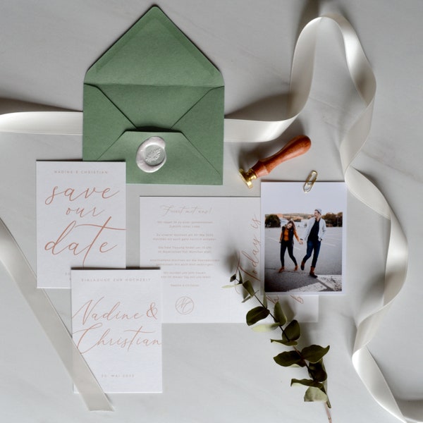 50x Hochzeitseinladung "Nicolette" | Einladungskarte, Klappkarte, Greenery, Eukalyptus, Apricot, Naturpapier, minimalistisch, schlicht