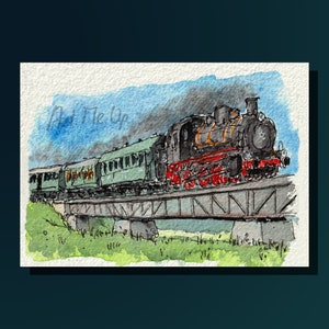 Schizzo ad acquerello stampabile del treno a vapore della Svizzera francone, ideale come quadro da parete, decorazione da tavolo, biglietto di auguri o come regalo