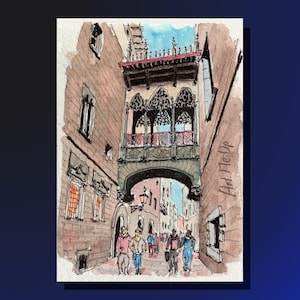 Barcelona Pont del Bisbe printable watercolor sketch, ideal as wall art, desk deko, greeting card or as a Christmas present for Spain Fans