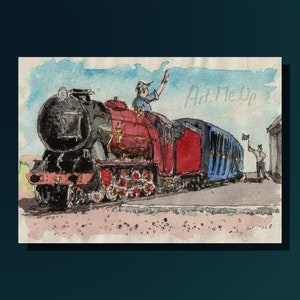 Schizzo ad acquerello stampabile di Romney Hythe Dymchurch Railway, ideale come biglietto di auguri per decorazioni da tavola o da regalare