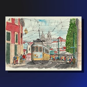 Lisbon Tram printable watercolor sketch, ideal as wall art, desk deko, greeting card or as a gift