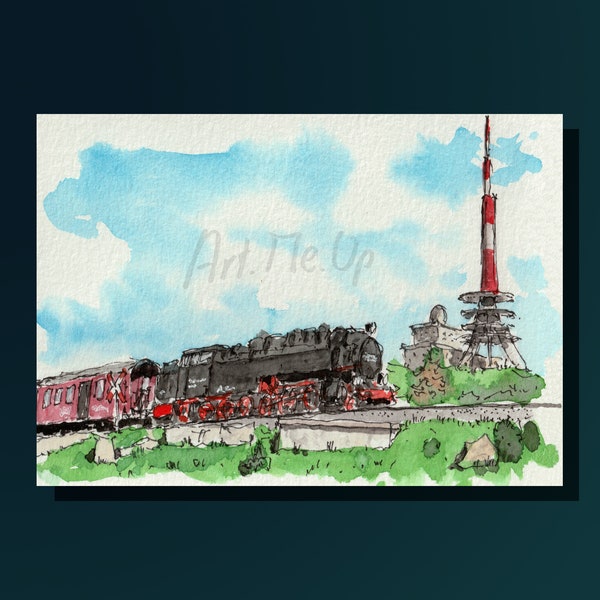 Brocken Railway Steamtrain Harz Narrow-gauge Railway printable watercolor sketch, ideal as wall art, desk deko, greeting card or as a gift