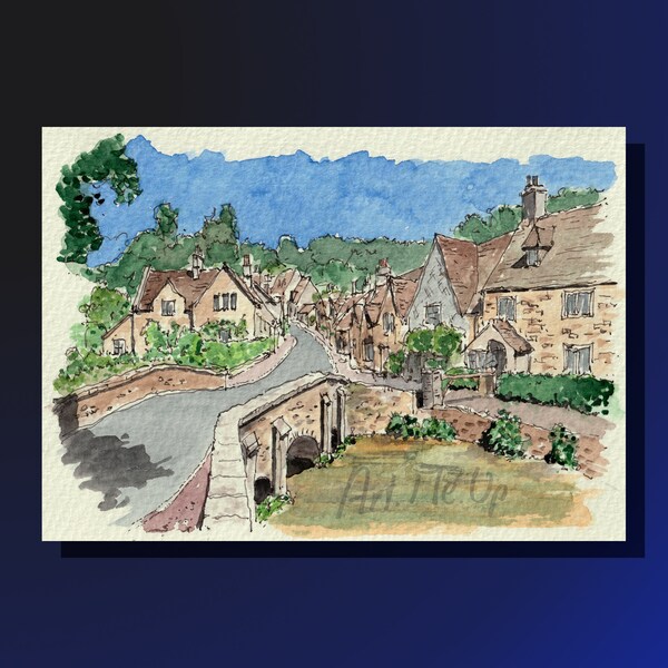 Castle Combe Bridge village view  printable watercolor sketch, ideal as wall art, desk deko, greeting card or as a gift