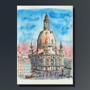 Dresden Frauenkirche printable watercolor sketch, ideal as wall art, desk deko, greeting card or as a gift