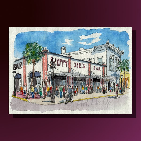 Key West Sloppy Joe bar printable watercolor sketch, ideal as wall art, desk deko, greeting card or as a gift