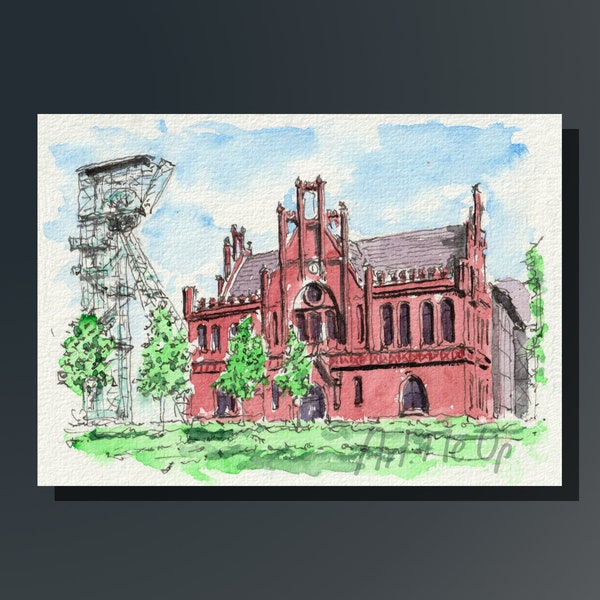 Croquis aquarelle imprimable de Dortmund Zeche Zollern, idéal comme image murale, décoration de table, carte de vœux ou comme cadeau