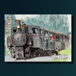 Schizzo ad acquerello stampabile Bregenzerwaldbahn Wälderbähnle, ideale come immagine da parete, decorazione da tavolo, biglietto di auguri o come regalo