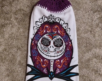 Nightmare Before Christmas Jack Skelington  Sugar Skull Tea Towel themed Crochet Topped Whole Towels Zero Button