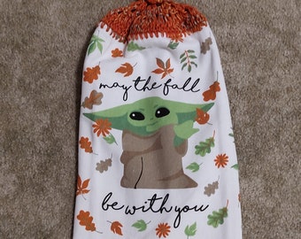 Mandolorian Baby Yoda Grogu May Fall Be With You Autumn Inspired Crochet Topped Whole Towel