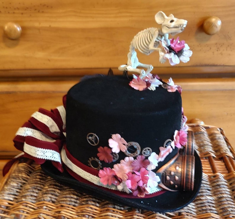 Rat Ribbon Ladies Halloween Rat Skeleton Steampunk Top Hat Skull Burgundy Velvet ...