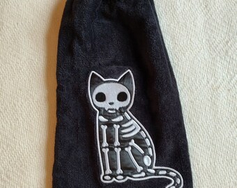 Black Cat Skeleton Tea Towel Halloween themed Crochet Topped Whole Towels