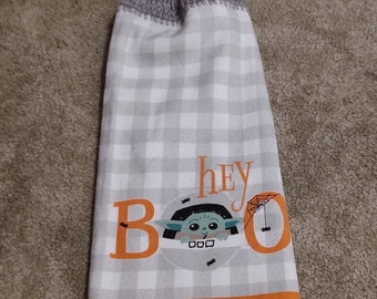 Mandolorian Baby Yoda Grogu Hey Boo Halloween Inspired Crochet Topped Whole Towel