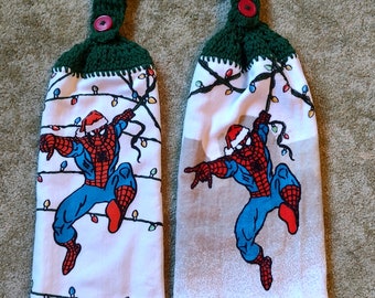 Spiderman inspired Christmas Lights Tea Towel themed Crochet Topped Whole Towels