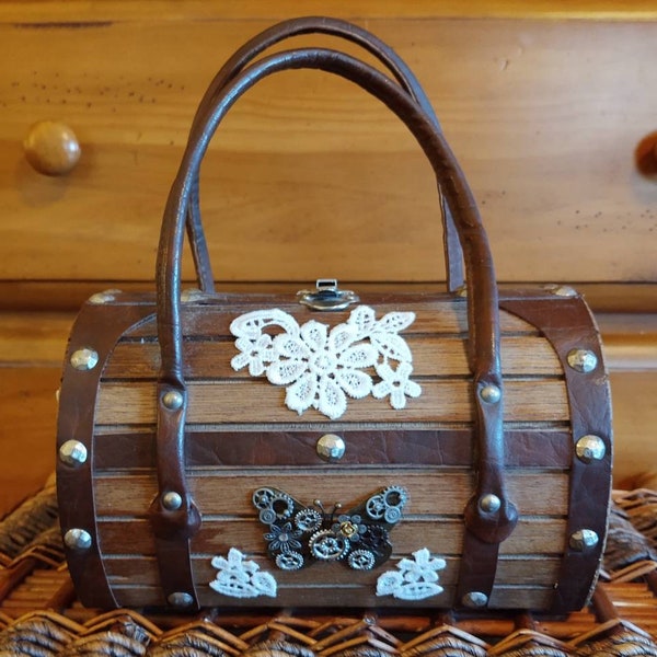 Vintage Steampunk Wooden Barrel with Silver Gears and Clockwork Butterfly Purse Handbag Steam Punk