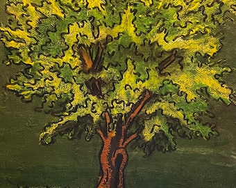 Oliepastel en acryl op canvas van een gele en groene boom in de zon: schilderen, tekenen, kunstwerk