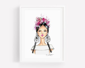Frida-Frida Kahlo-Fashion Illustration-Brooklit-Brooke Hagel-Naeem Khan-Headdress-floral headdress-flower crown-artist-Mexican