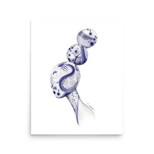 May include: A digital illustration of a stylized head and neck featuring a blue and white porcelain pattern. The head is topped with two stacked circular shapes, all decorated with intricate dragon and floral motifs in a classic ceramic style.