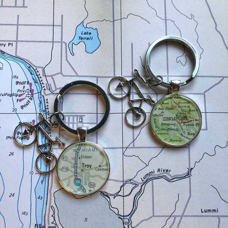 Bicycle Charm Custom Keychain Maps Silver Vintage Atlas Your Etsy