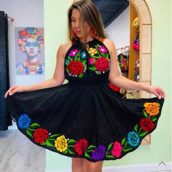 Handmade Mexican Halter Dress. Tricolor Floral Embroidered Dress. Mexican bohemian dress. Boho chic Ethnic dress. Traditional Dress