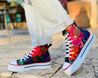 Embroidered Converse Sneakers. Boho chic sports shoes. Mexican Artisanal Shoes. Floral embroidered high boot tennis. Ethnic Tennis.