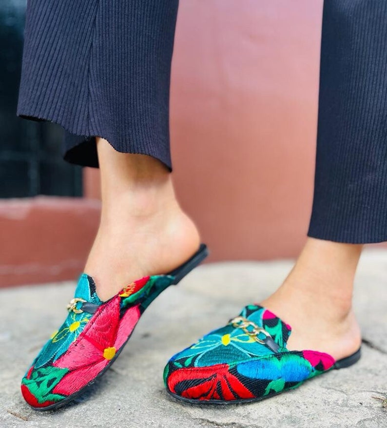 Mexican Artisan Mules Shoes. Huaraches Bohemian Floral Embroidered Loom. Boho chic Ethnic. Mexican Mules. Handmade boho shoe. image 1