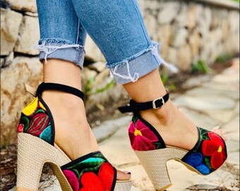 Floral High Wedge Shoes. Mexican Floral Textile Slippers. May 5 Outfit. Heeled sandals Flowers Colors. Boho.Mexican Shoes