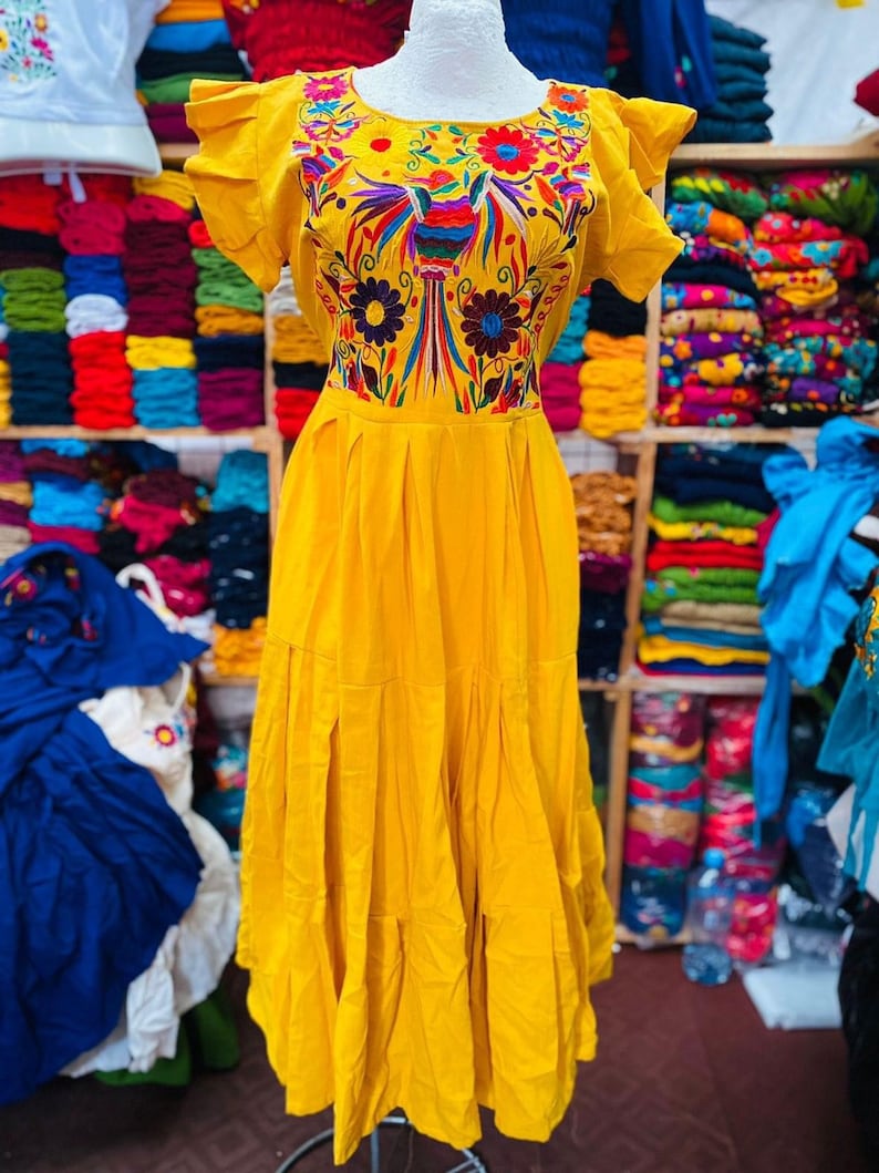 S-XL Vestido floral bordado. Vestido mexicano bordado Pajaro. Vestimenta típica mexicana. Vestido de estilo étnico. Vestido Boho Hippie. zdjęcie 5