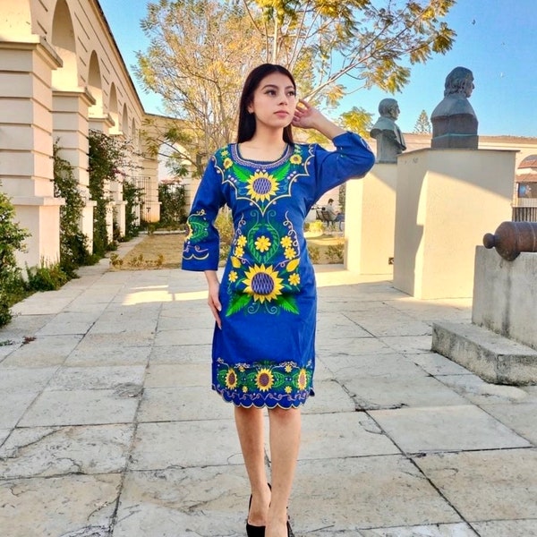 Sunflower Mexican Kimono Dress. Floral Embroidered Dress. Formal Black Dress. Traditional Mexican Dress. Mexican party. Bridesmaid.