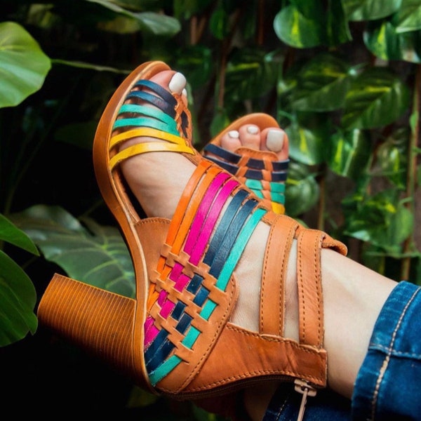 Colorful Artisanal Heels, women's high heels, heeled huarache, Mexican huarache, Mexican heels, Huarache boho chic Mexican