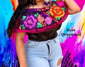 Blusa Chiapaneca Bordado a Mano. Blusa por Debajo del Hombro. Blusa Mexicana Floral. Blusa Tipica de Mexico. Blusa Fiesta Mexicana.  S a 2XL