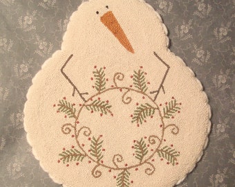 Primitive Needle Punch Mat PATTERN Snowman And Greenery Wreath