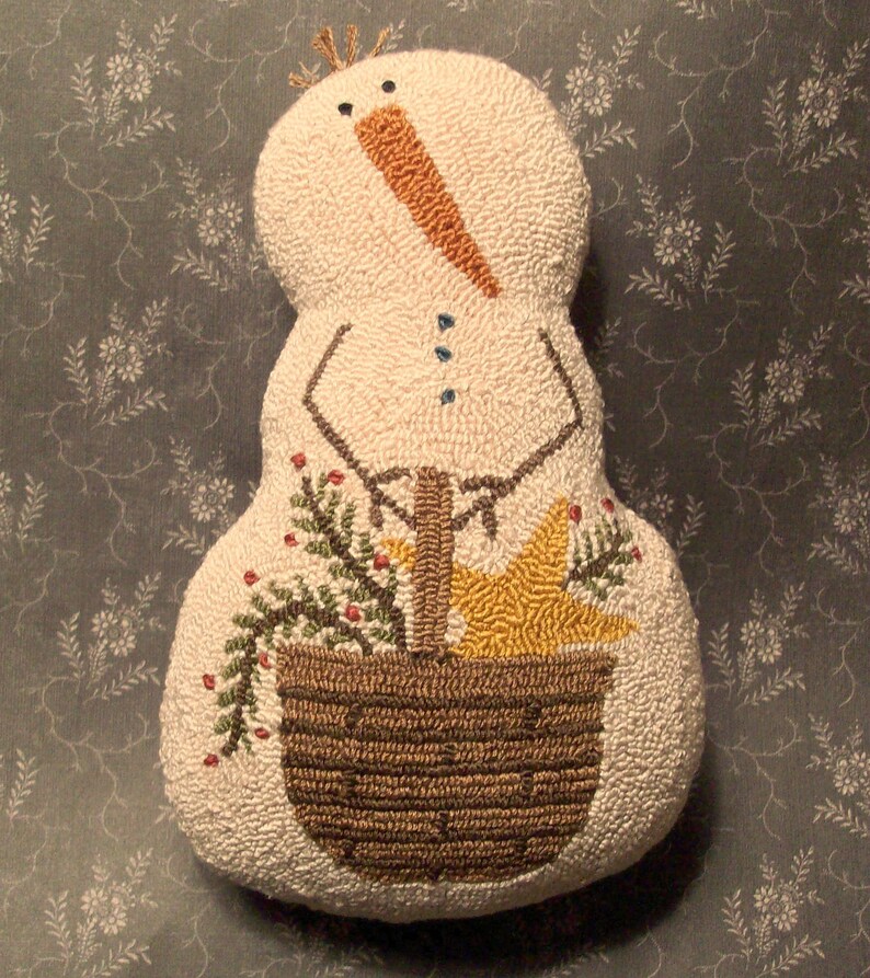 Primitive Needle Punch PATTERN Snowman And Basket Of Greenery Etsy