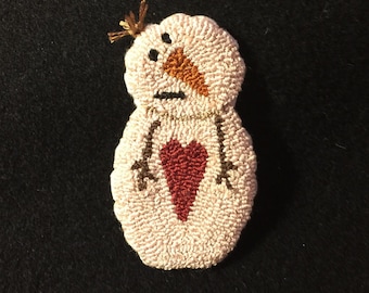 Primitive Needle Punch Pin Winter Snowman And Heart