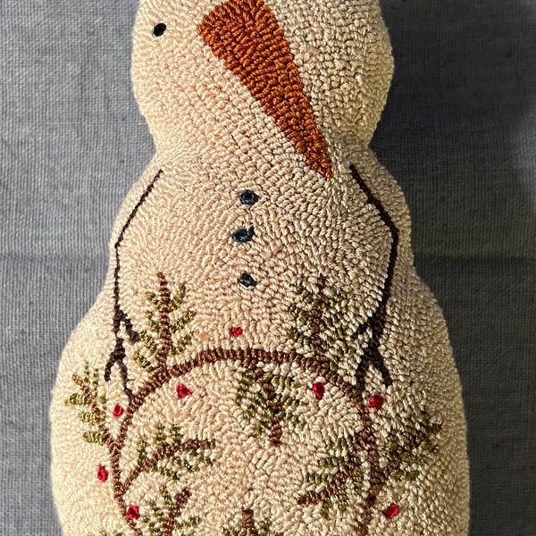 Primitive Needle Punch Pillow Doll Greenery Wreath Winter Snowman