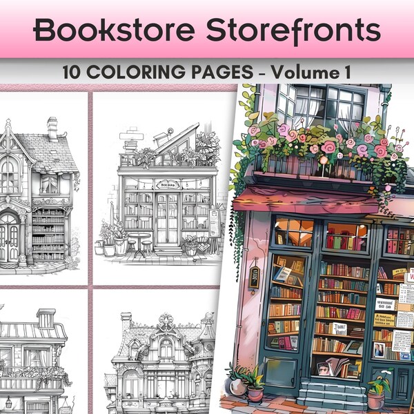 Bookstore Storefront Coloring Pages for Adults Storefront Coloring Page Instant Download Grayscale Coloring Book Printable PDF Urban Sketch