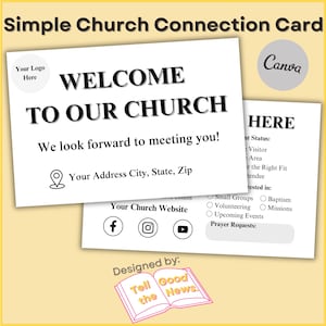 Puede incluir: Una tarjeta de bienvenida blanca con texto negro que dice "Bienvenido a nuestra iglesia" e incluye un lugar para escribir la dirección de su iglesia. La tarjeta también incluye un lugar para escribir el sitio web de su iglesia y los enlaces a las redes sociales. La tarjeta está diseñada por "Tell the Good News".