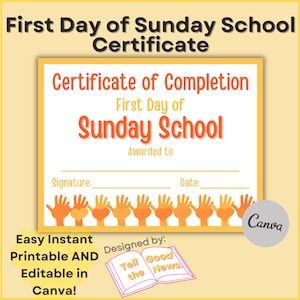 First Day of Sunday School Certificate | Kids & Childrens Ministry, Church School, Bible School | Edit in Canva, Instant Download, Printable