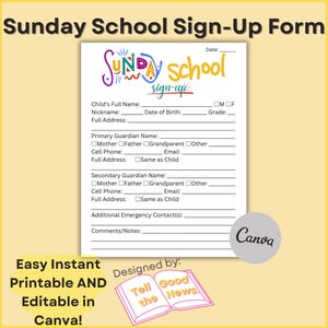 Sonntagsschule Anmeldung Meldebogen | Kinderarbeit, Kinderarbeit und Kirche Flyer | Sofortiger Download, bearbeitbar in Canva, druckbar