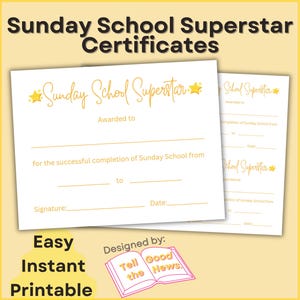 Sunday School Superstar Certificates | Church Kids Youth Ministry Award | Christian Completion Certificate | Kids Club Recognition Award