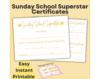Sunday School Superstar Certificates | Church Kids Youth Ministry Award | Christian Completion Certificate | Kids Club Recognition Award