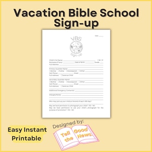 Könnte beinhalten: Ein druckbares Anmeldeformular für die Ferienbibelschule mit Feldern für die Angaben des Kindes, die Erziehungsberechtigten und Notfallkontakte. Das Design enthält den Text "Vacation Bible School Sign-up" und "Easy Instant Printable".