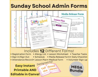 ¡MEGA Paquete de Formularios de Administración de la Escuela Dominical para el Ministerio de la Iglesia! Inscripción, Autorización Médica/de Prensa, Asistencia, Horario, Plan de Clases y MÁS