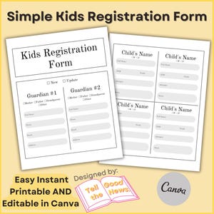 Puede incluir: Un formulario de registro para niños imprimible con cuatro secciones para el nombre del niño, la información del tutor y otros detalles. El formulario está diseñado para ser fácilmente editable en Canva y presenta el texto "Kids Registration Form" y las casillas de verificación "New" y "Update".