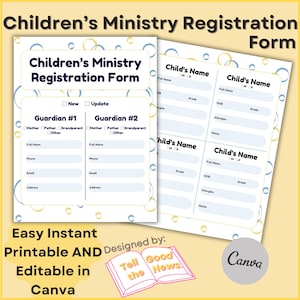 Formulaire d'inscription pour le ministère de l'Enfance | Flyer du ministère de l'Église | Feuille d'inscription à l'école du dimanche pour enfants | Retouche sur Canvas, impression instantanée